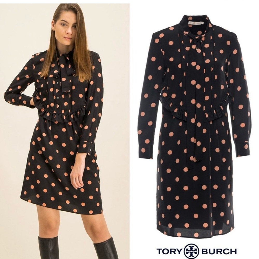 Tory Burch 100% Silk Tie Neck Ruffle Trimmed Polka Dot Dress
